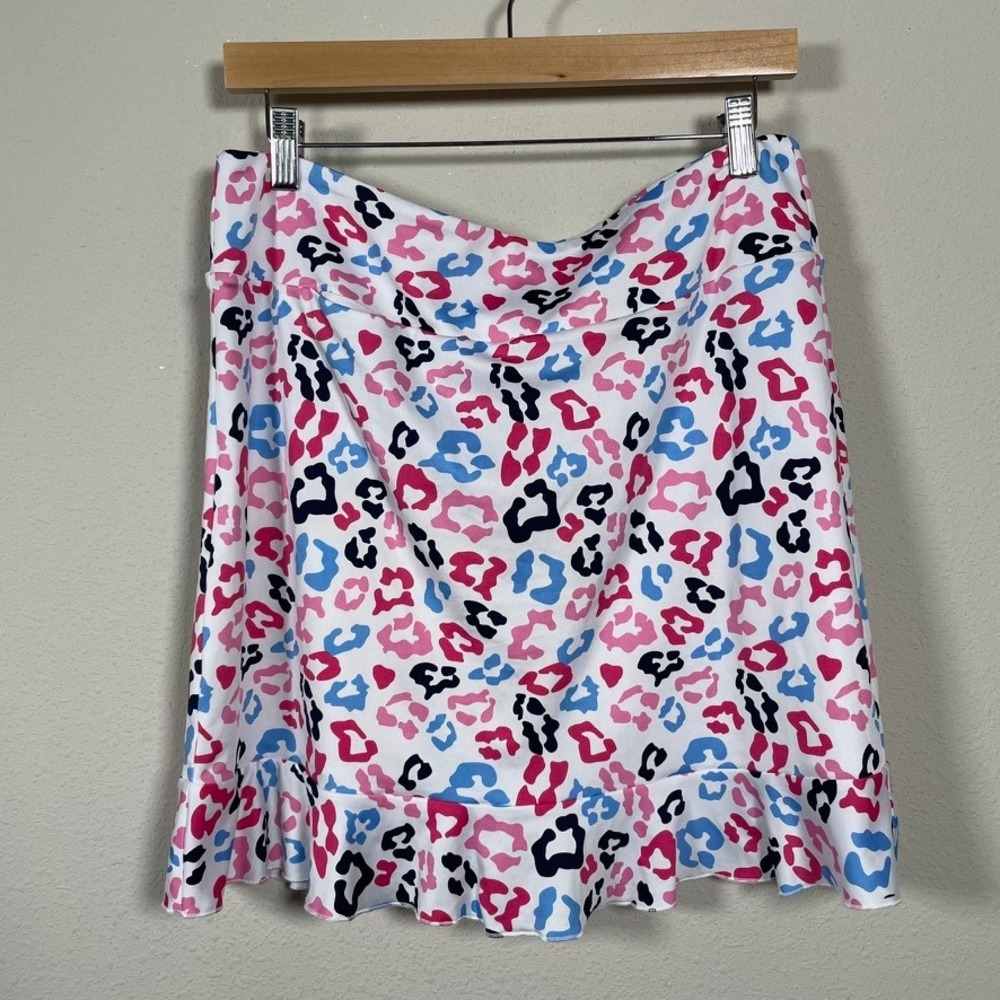 Golftini Golf Skort Women L Pink Blue Leopard Print Pickleball Resort Ruffle Hem